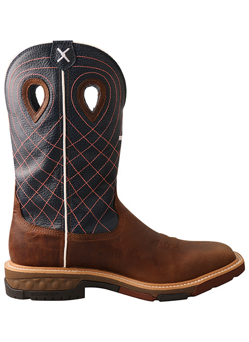 A instep side view of a men's 12-inch mocha and navy waterproof western work boot with alloy toe and cellstretch technology. It features a brown leather vamp, a blue and brown shaft, and a rubber outsole.