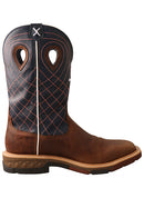 A instep side view of a men's 12-inch mocha and navy waterproof western work boot with alloy toe and cellstretch technology. It features a brown leather vamp, a blue and brown shaft, and a rubber outsole.