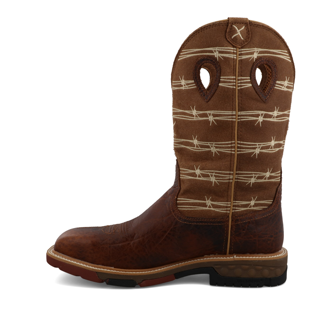 A instep side view of a 12-inch brown and tan Twisted X work boot with a square toe and alloy safety toe, featuring a barbed wire pattern on the shaft.
