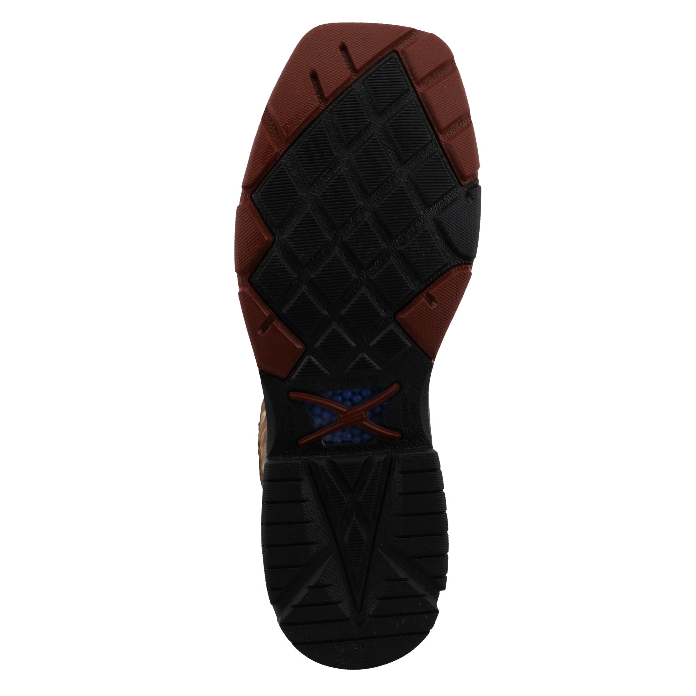 A rubber outsole view of a 12-inch brown and tan Twisted X work boot with a square toe and alloy safety toe, featuring a barbed wire pattern on the shaft.