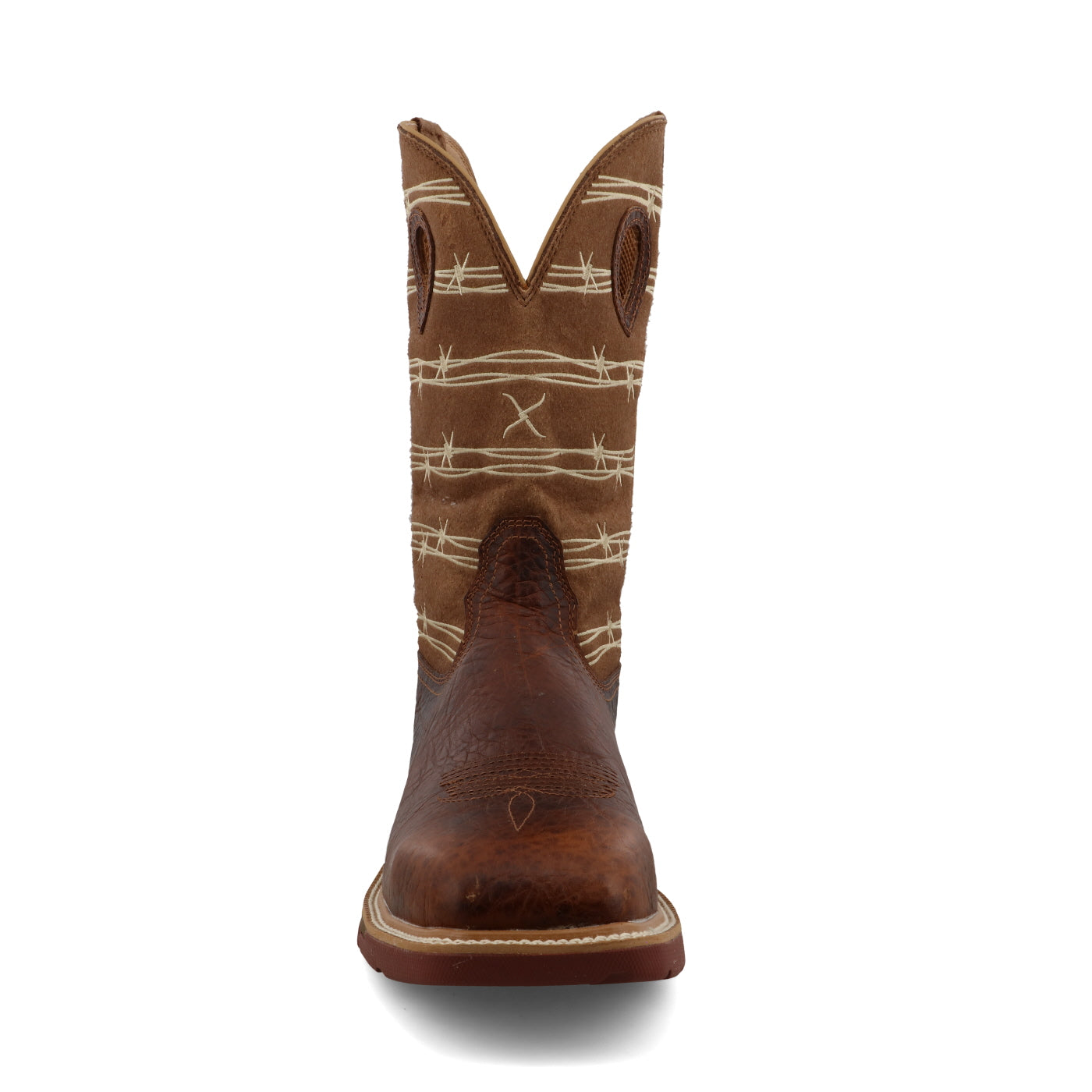 A front view of a 12-inch brown and tan Twisted X work boot with a square toe and alloy safety toe, featuring a barbed wire pattern on the shaft.