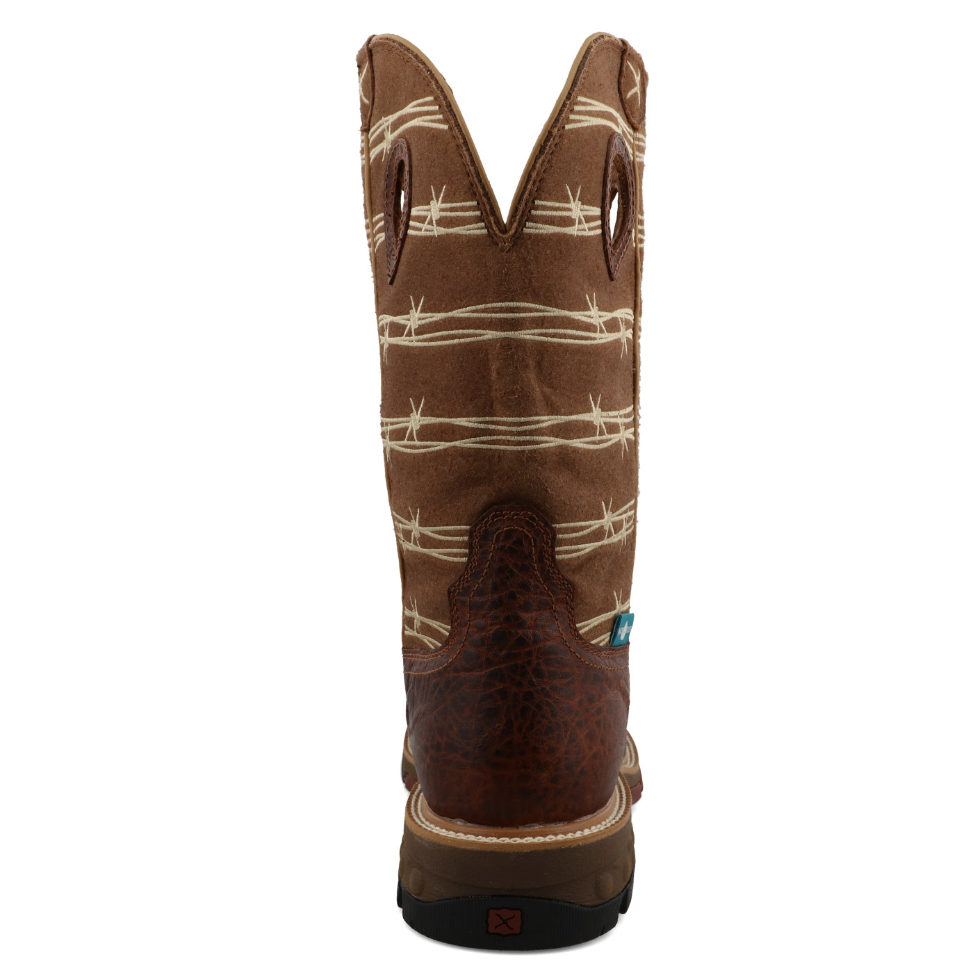 A heel view of a 12-inch brown and tan Twisted X work boot with a square toe and alloy safety toe, featuring a barbed wire pattern on the shaft.