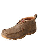 A profile view of a brown Twisted X men's chukka driving moc with lace-up closure and a low heel design.