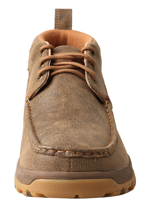 A front view of a brown Twisted X men's chukka driving moc with lace-up closure and a low heel design.