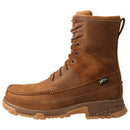 A side view of a brown Twisted X men's work boot with composite toe and MetGuard protection, featuring a lace-up closure and a rubber outsole.