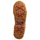 A rubber outsole view of a brown Twisted X men's work boot with composite toe and MetGuard protection, featuring a lace-up closure.