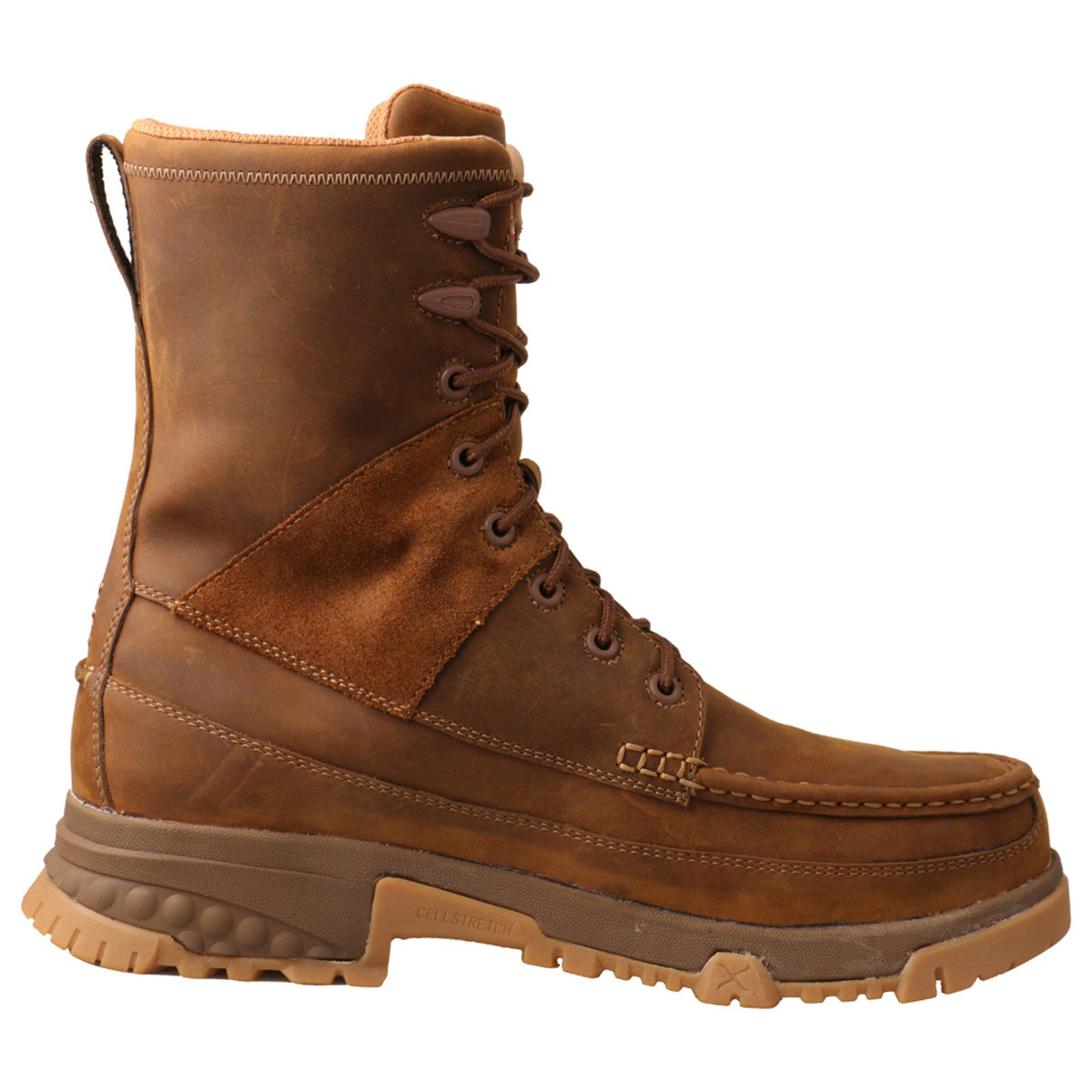 A instep side view of a brown Twisted X men's work boot with composite toe and MetGuard protection, featuring a lace-up closure and a rubber outsole.