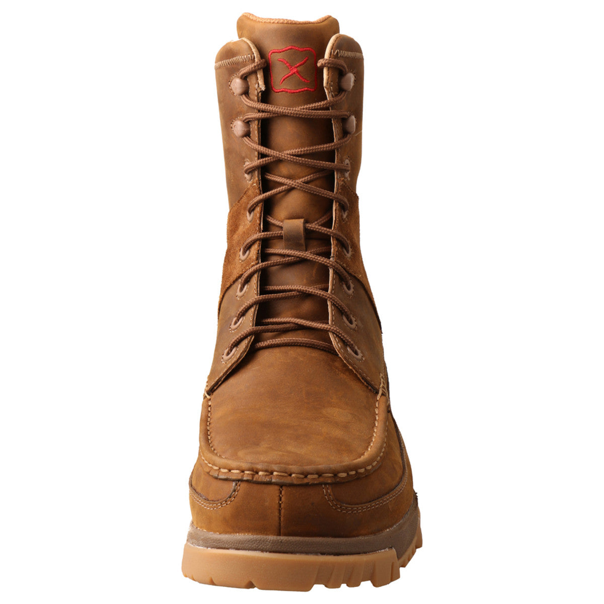 A front view of a brown Twisted X men's work boot with composite toe and MetGuard protection, featuring a lace-up closure and a rubber outsole.