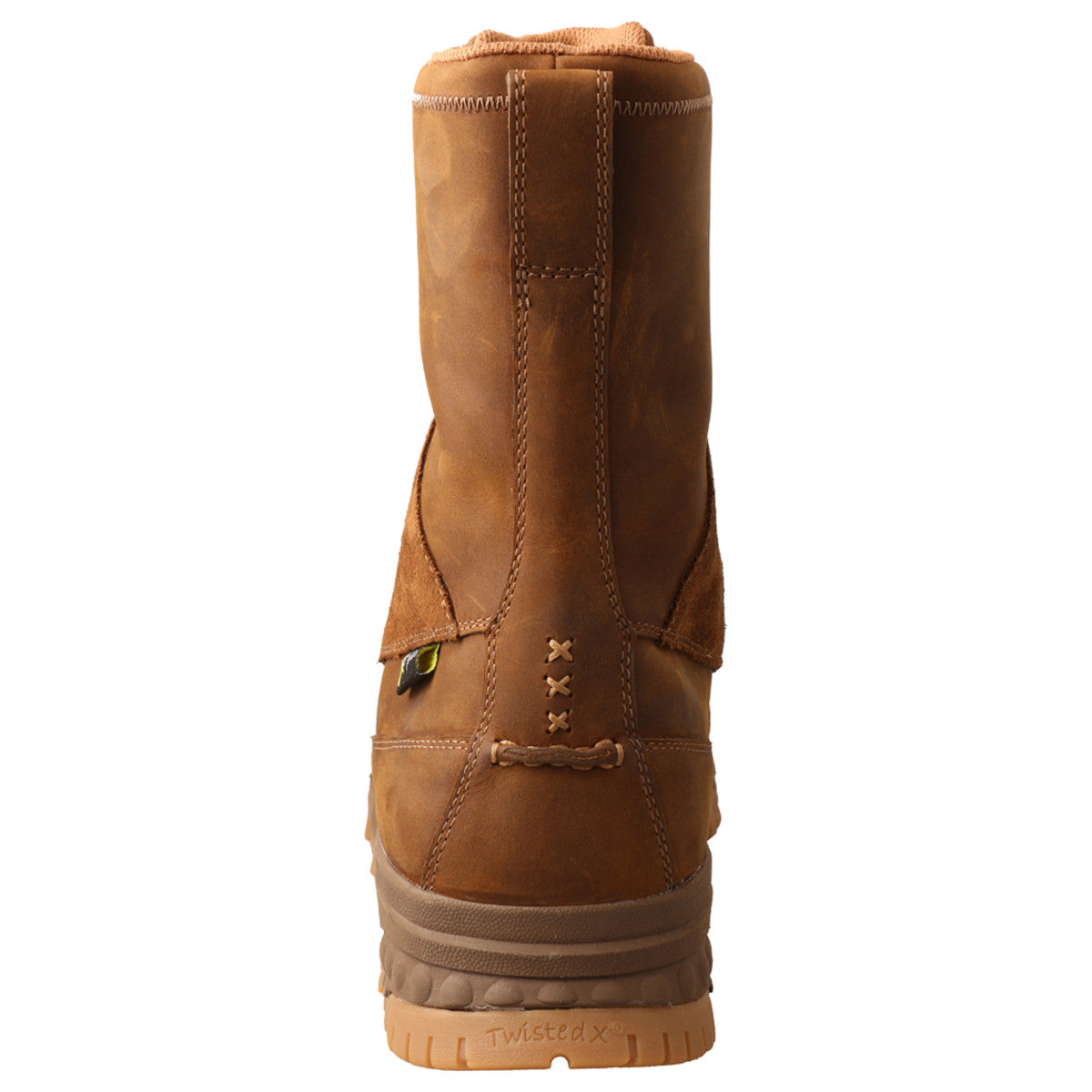 A heel view of a brown Twisted X men's work boot with composite toe and MetGuard protection, featuring a lace-up closure and a rubber outsole.