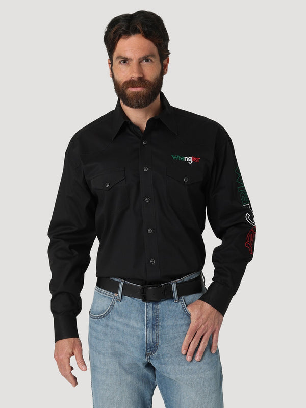 Men's Wrangler 112317124 Black Mexican Flag Colors Logo Long Sleeve Western Snap Shirt
