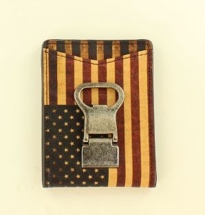 A Nocona leather wallet with a vintage American flag design, featuring a metal money clip and a strong clip on the back for cash security.