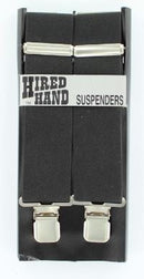 Black elastic suspenders with metal gripper type fasteners, displayed against a white background.