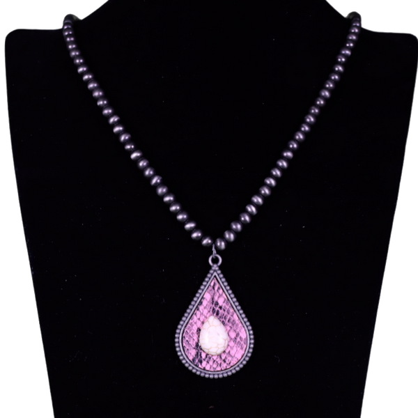 Animal Print Tear Drop Necklace w/Stone & Navajo Beads NKZ190825-01