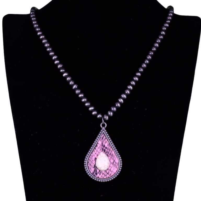 Animal Print Tear Drop Necklace w/Stone & Navajo Beads NKZ190825-01