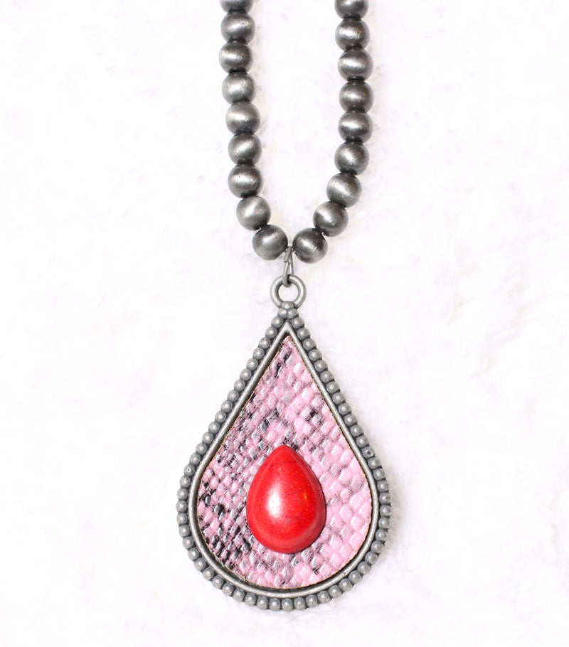 Animal Print Tear Drop Necklace w/Stone & Navajo Beads NKZ190825-02