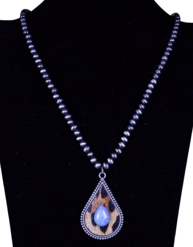 Animal Print Tear Drop Necklace w/Stone & Navajo Beads NKZ190825-06