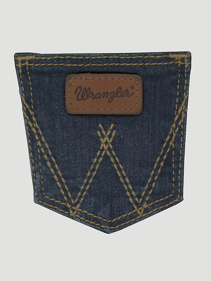 Close-up view of Wrangler baby boy's jeans back pocket showing leather patch and "W" stitching.