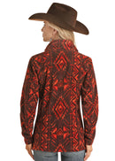 Women's Panhandle red/black fleece jacket shows standing collar, princess seams. Hips low hip. Back view.