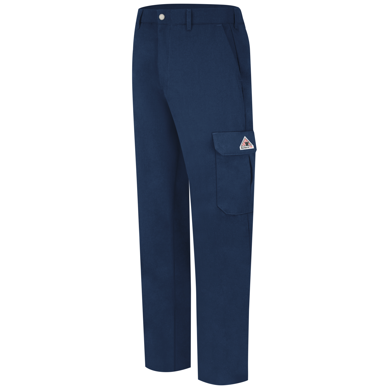 Navy FR Bulwark cargo pants. Side view showing cargo pocket on leg. 