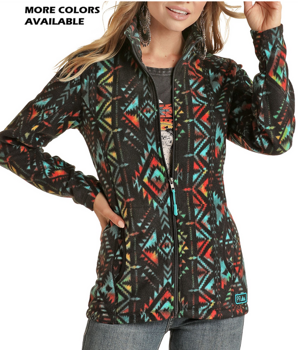 Women's Powder River by Panhandle PRWO92RZXZ-TQ Turquoise Aztec Print Fleece Front Zip Jacket *Closeout*