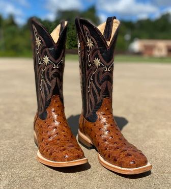 Women's Cowtown Q464 13" Cognac Full Quill Ostrich Print Wide Square Toe Boot