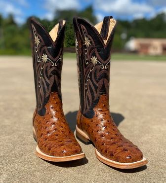 Women's Cowtown 13" Q464 Cognac Full Quill Ostrich Print Wide Square Toe Boot (SHOP IN-STORES TOO)