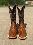 Women's Cowtown Q464 13" Cognac Full Quill Ostrich Print Wide Square Toe Boot