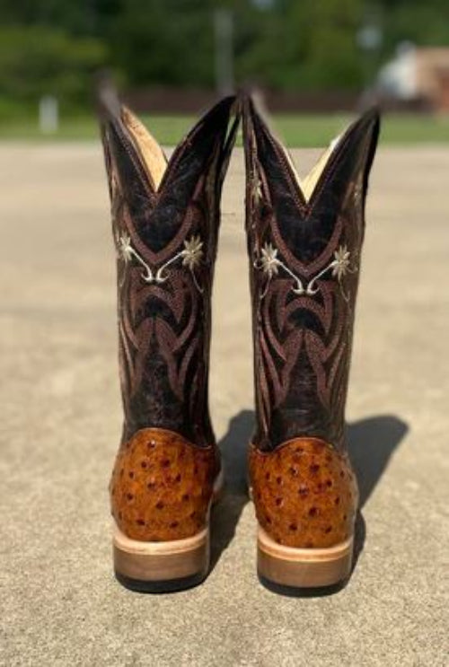 Women's Cowtown boots with a cognac full quill ostrich print, featuring a square toe and decorative stitching on the shaft. Rear View