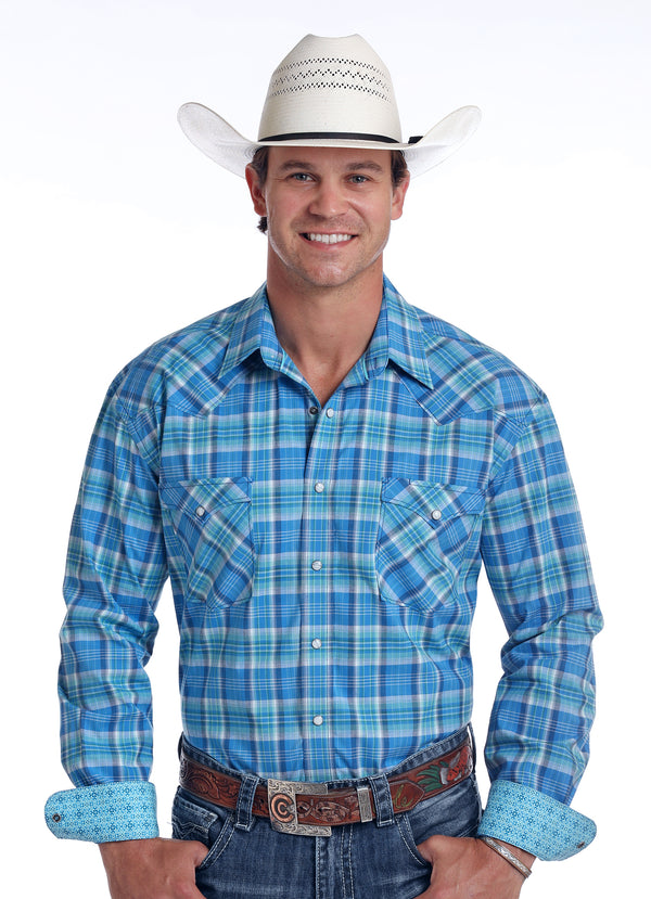 Men's Panhandle R0S9411 Long Sleeve Snap Shirt in Turquoise Plaid
