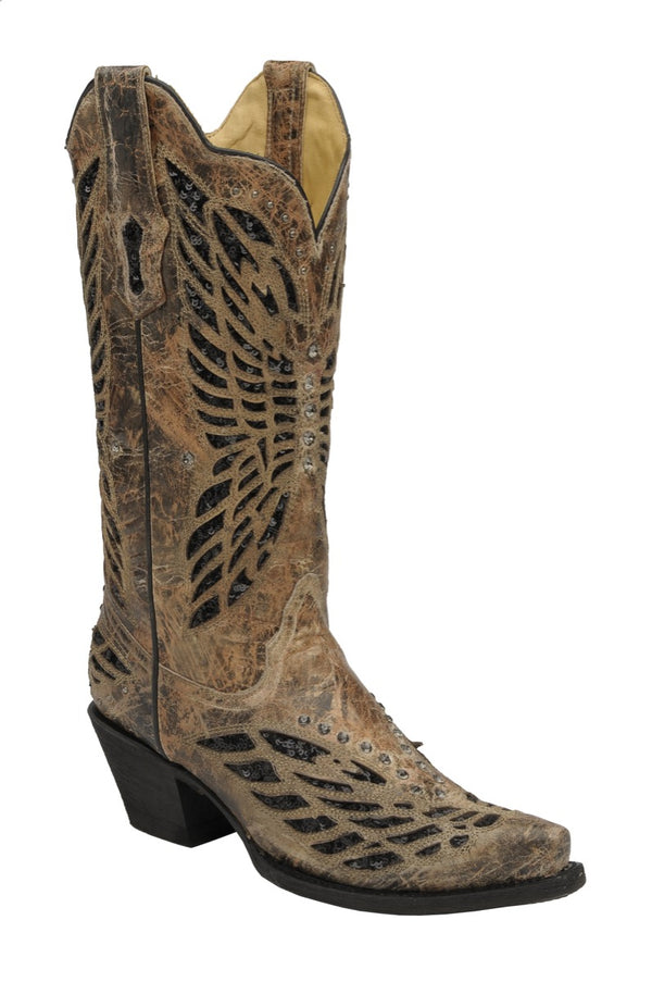Women's Corral R1211 13" Bronze / Black Sequence & Crystals Butterfly Snip Toe *Closeout* AS IS