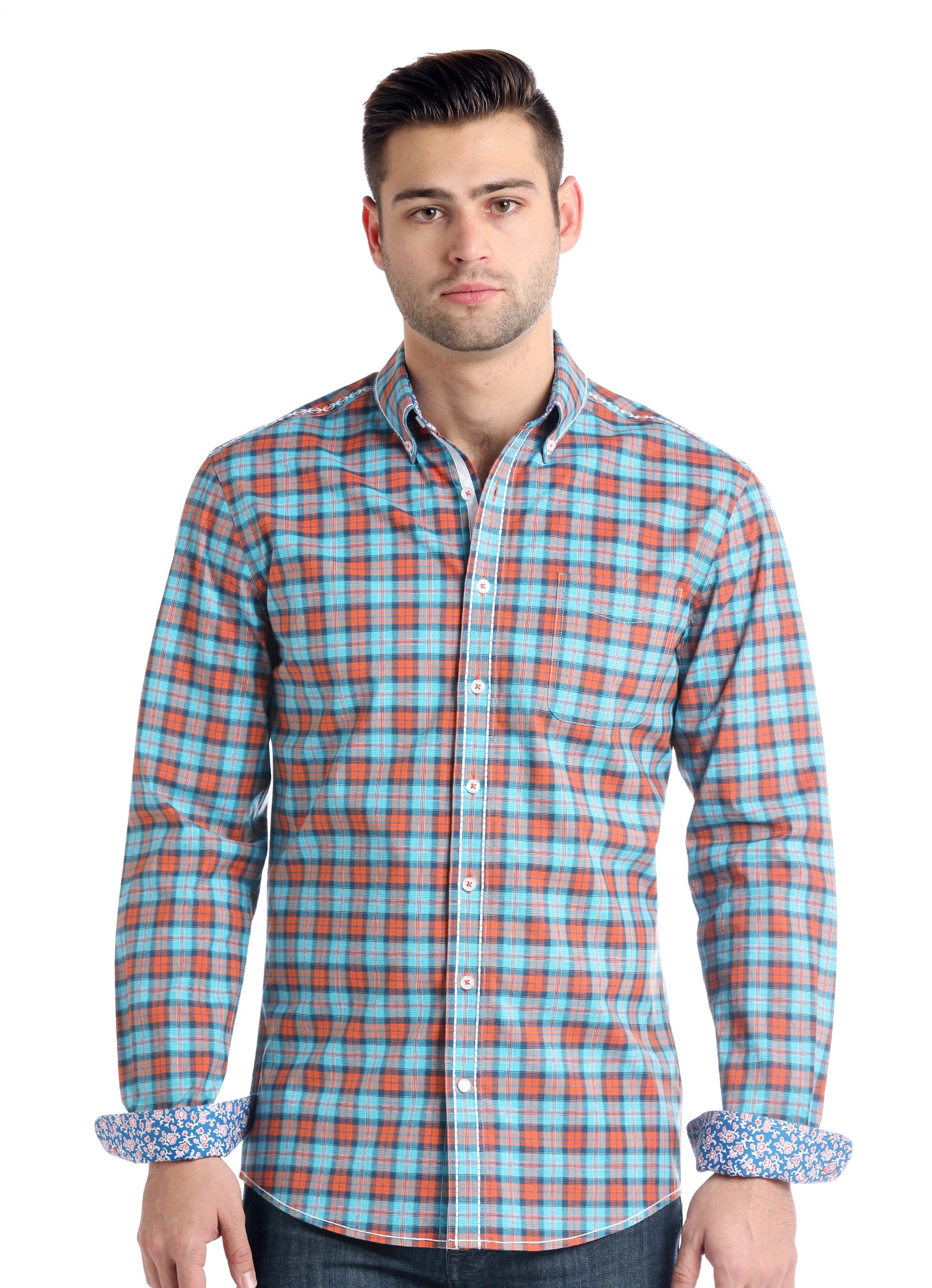 Men's Panhandle R8D2171 Long Sleeve Buttondown Shirt in Orange/Turquoise Plaid