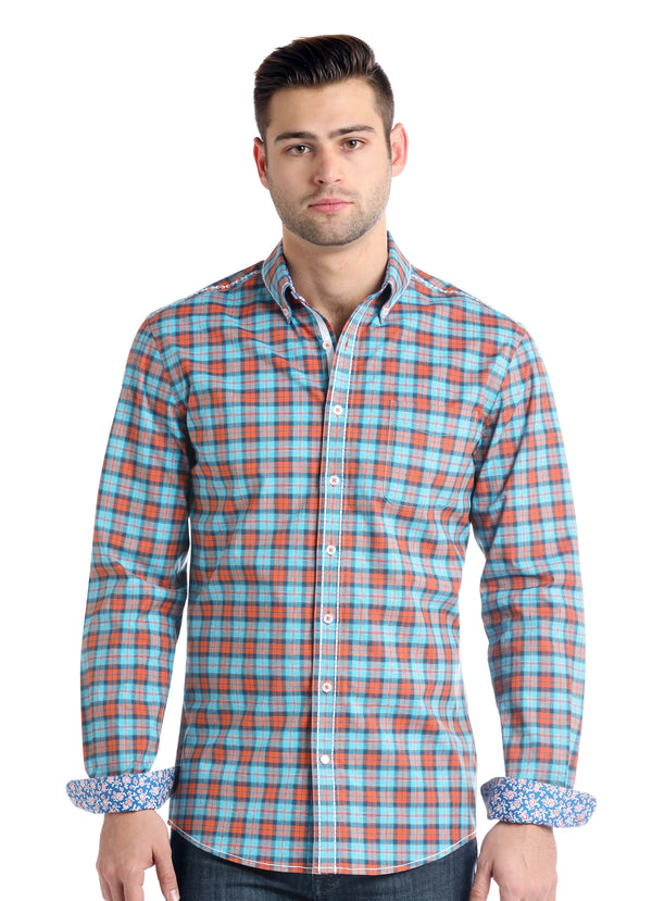 Men's Panhandle R8D2171 Long Sleeve Buttondown Shirt in Orange/Turquoise Plaid