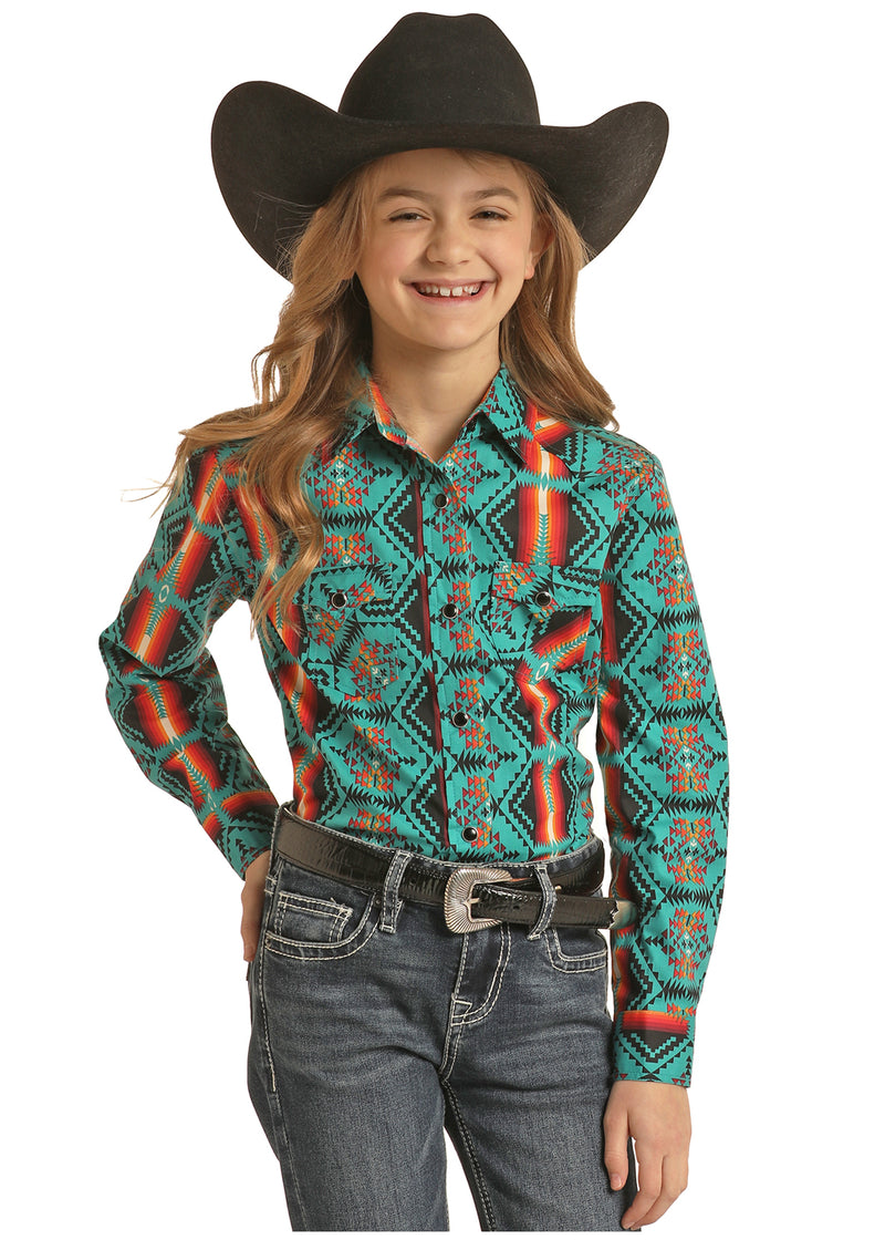 Girl's Panhandle RRGSOSRZ15 Aztec All-over Print Stretch Snap Long Sleeve Shirt