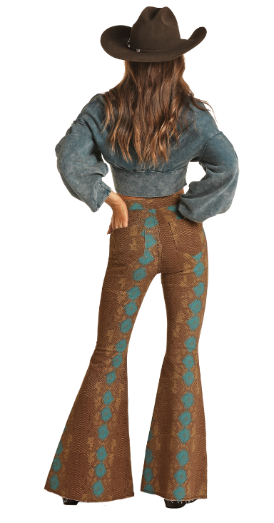 Women's Rock & Roll RRWD7PRZR4 Snake Skin Button High Rise Bell Button Jeans *CLOSEOUT*
