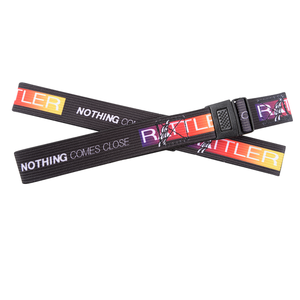 Two RATTLER rope strap elastics with multicolored buckles, one fully buckled and the other with a partially buckled mechanism.