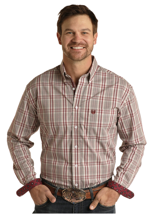Men's Panhandle RSMS0DRYTD Rough Stock Long Sleeve Buttondown Shirt in Burgundy/Grey Plaid