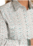 Women's Panhandle Western Wear RSWSOSRYT6 Stretch White All-over Print Snap Long Sleeve Shirt