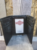 Brown alligator print leather tri-fold wallet featuring an upper hair-on framed section with a cowboy praying at the cross Concho. Inside view showing six card slots and ID window. 