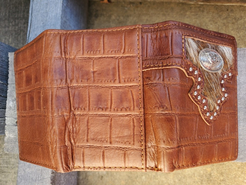 Top Notch Accessories A6003BR Brown Alligator Print w/Rooster Concho Tri-Fold Wallet