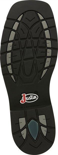 A outsole view pair of Justin Men's 11" Steel Toe Driller work boots in rugged tan color with a square toe style and decorative stitching. 