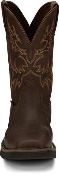 A front view pair of Justin Men's 11" Steel Toe Driller work boots in rugged tan color with a square toe style and decorative stitching. 