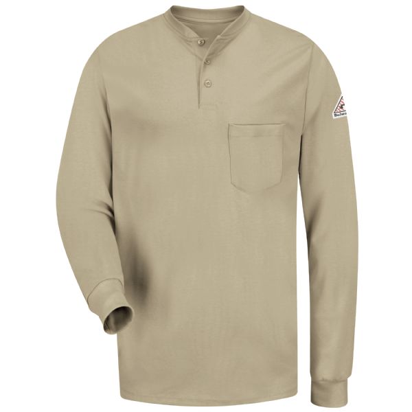Men's Bulwark FR Khaki Lightweight Long Sleeve Henley Shirt featuring a three-button placket, rib knit Henley collar, rib knit cuffs, and a left chest pocket.