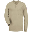 Men's Bulwark FR Khaki Lightweight Long Sleeve Henley Shirt featuring a three-button placket, rib knit Henley collar, rib knit cuffs, and a left chest pocket.