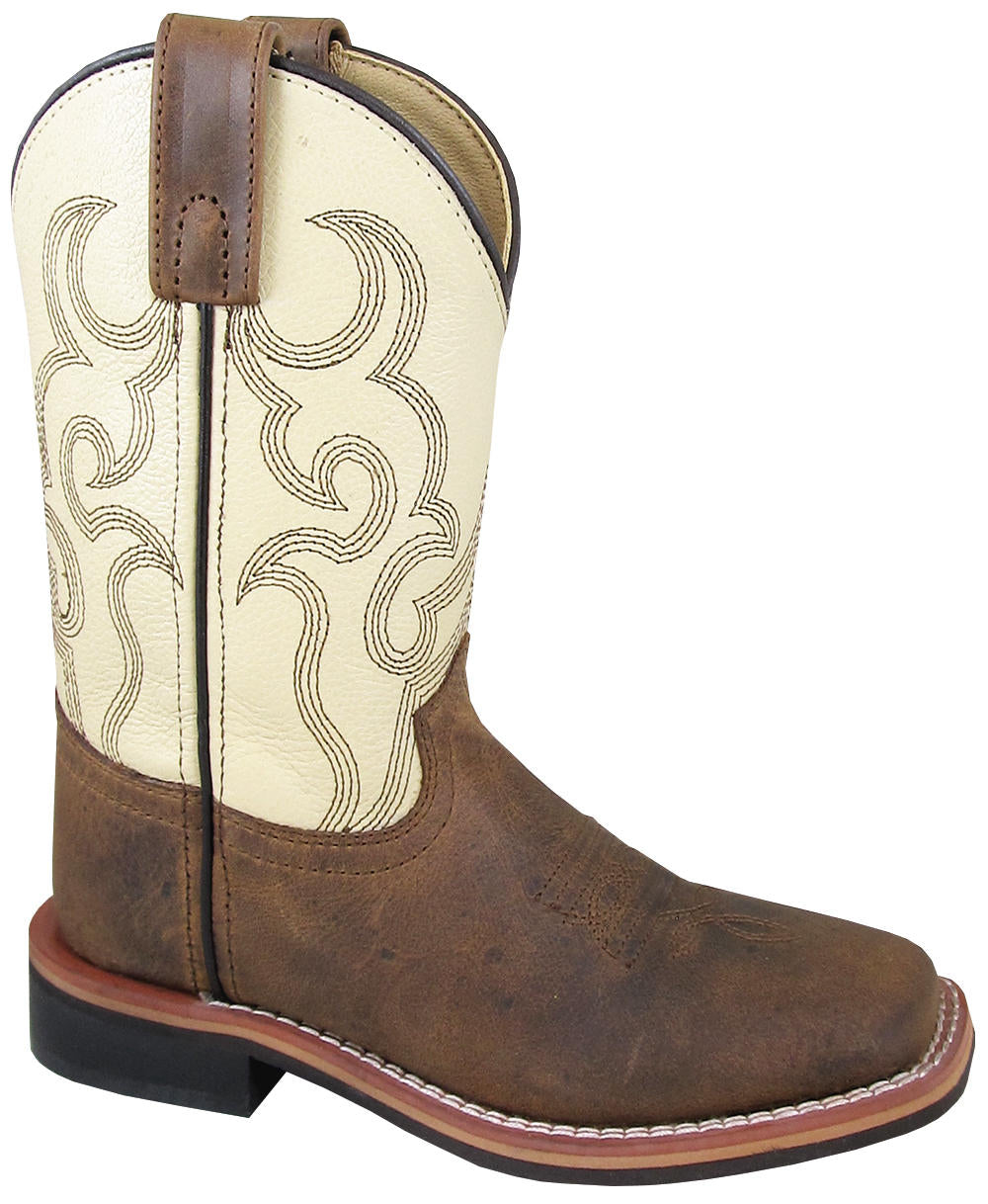 Youth Smoky Mountain square toe boot with brown and cream coloring and decorative stitching.