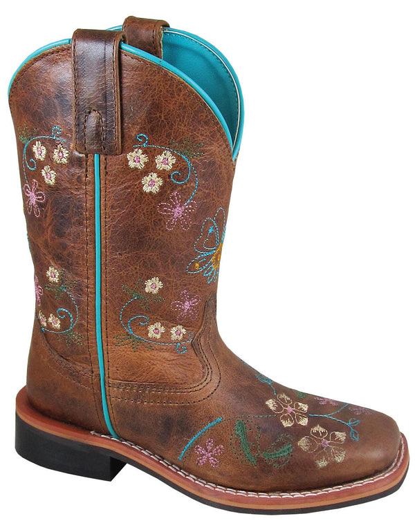 Girl's Smoky Mountain 3841C Floralie Brown Floral Design Leather Cowboy Square Toe Boot (SHOP IN-STORE)