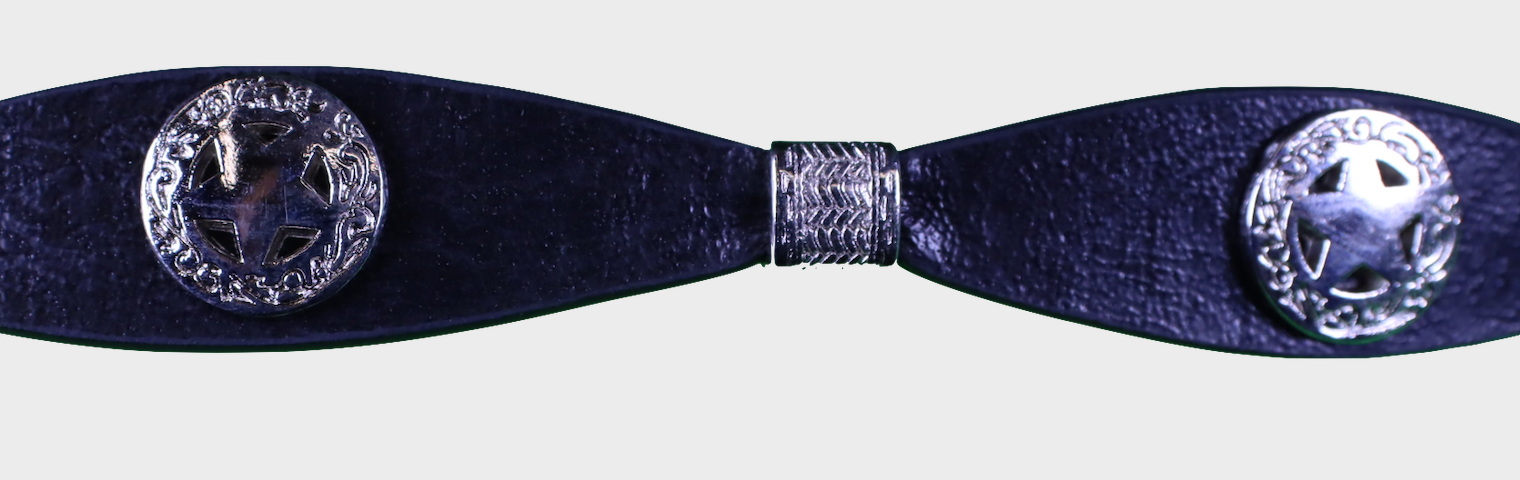 Black leather hat band with Star Conchos. Conchos are separated by Silver metal bands and it has a buckle closure. Close up view of Star Conchos and a band. 