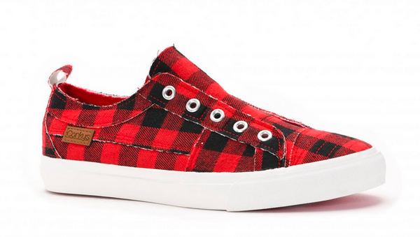 Women's Corkys 51-0121-RPLDL Babalu Red Plaid Slip-on Shoe CLOSEOUT