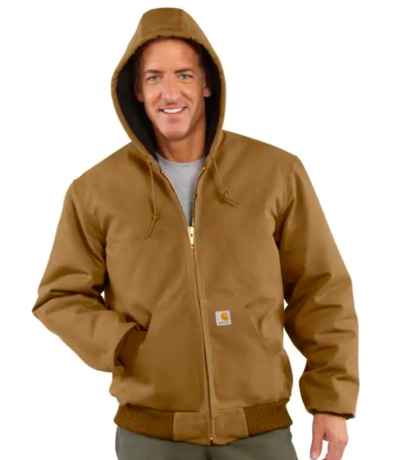 Men's Carhartt hooded jacket in Carhartt Brown. Front view showing hood. 
