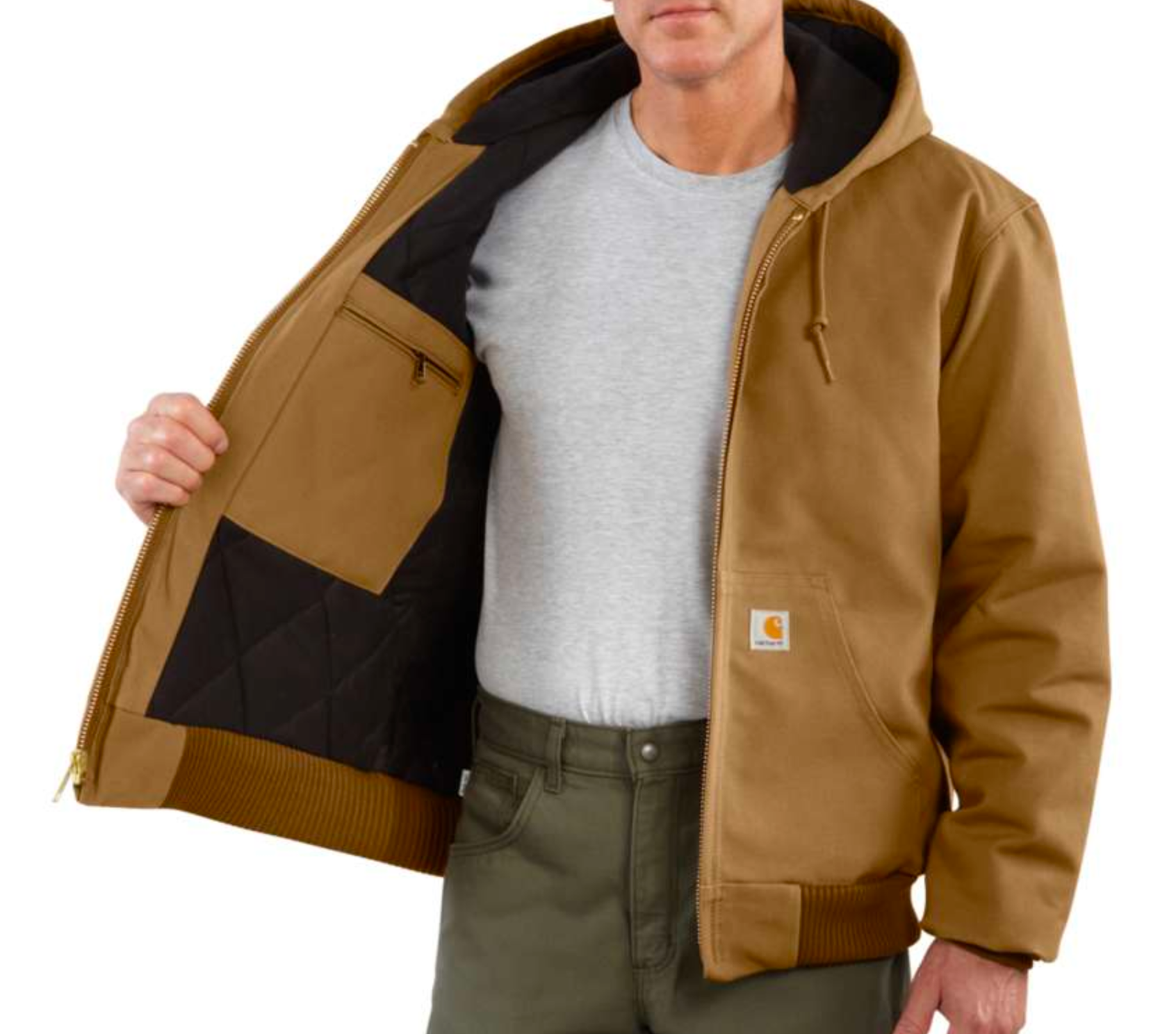 Men's Carhartt hooded jacket in Carhartt Brown. Front view showing inside pocket. 