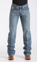 Men's White Label Medium Wash jeans front view showing detail of front pockets and zipper. Also shows relaxed  fit and stack on boots.